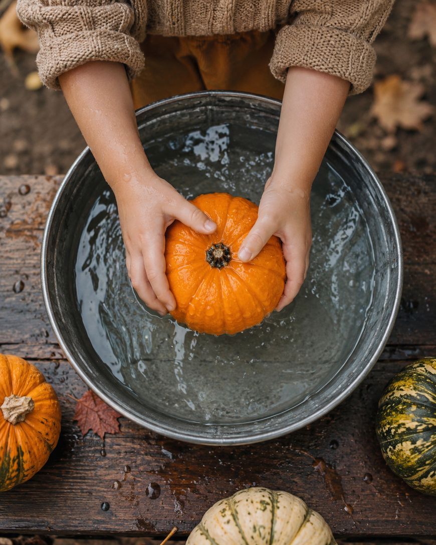 A child's hands hold a small orange pumpkin in a bowl of water on a wooden table, with other pumpkins nearby.