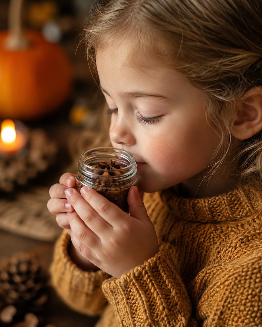 A young child in a mustard sweater smells a small jar of spices, with autumn decorations in the background.