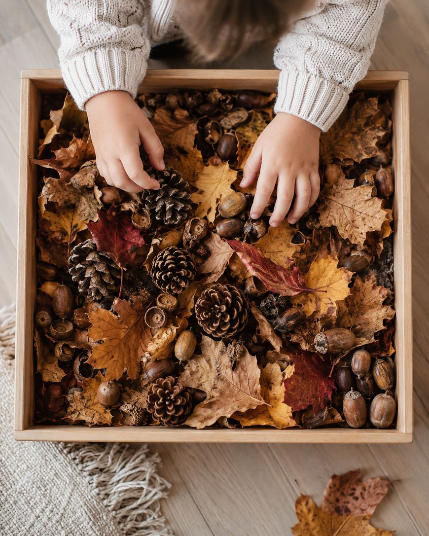A child's hands are playing with autumn leaves, pinecones, and acorns in a wooden box on a light wooden floor.