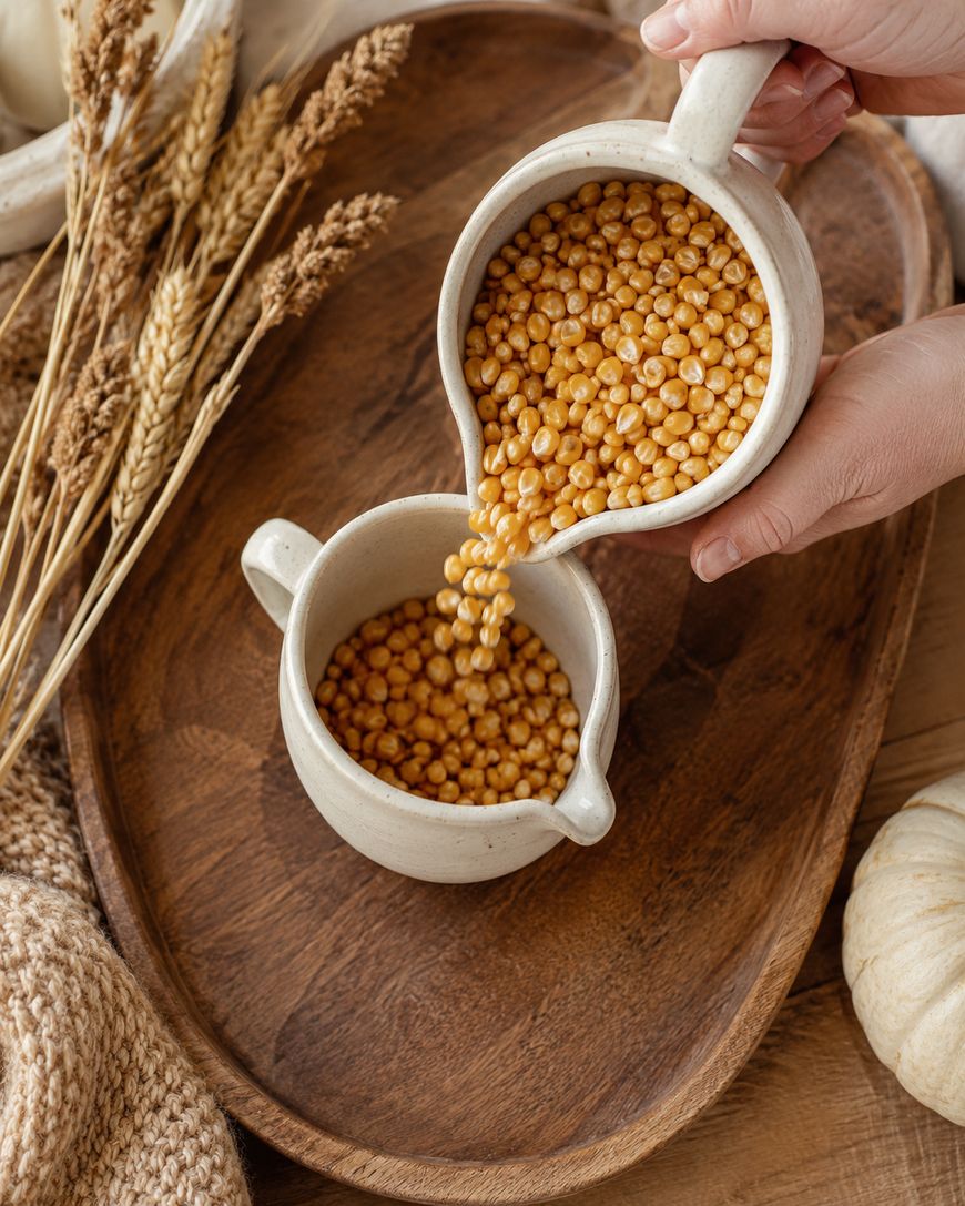 Hands pouring golden chickpeas from one ceramic jug into another on a wooden tray, surrounded by wheat stalks, knit fabric, and a small pumpkin.
