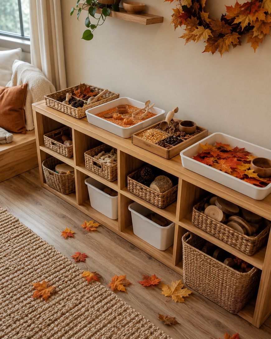 Wooden shelves hold baskets of autumn-themed sensory bins with leaves, pinecones, and grains.