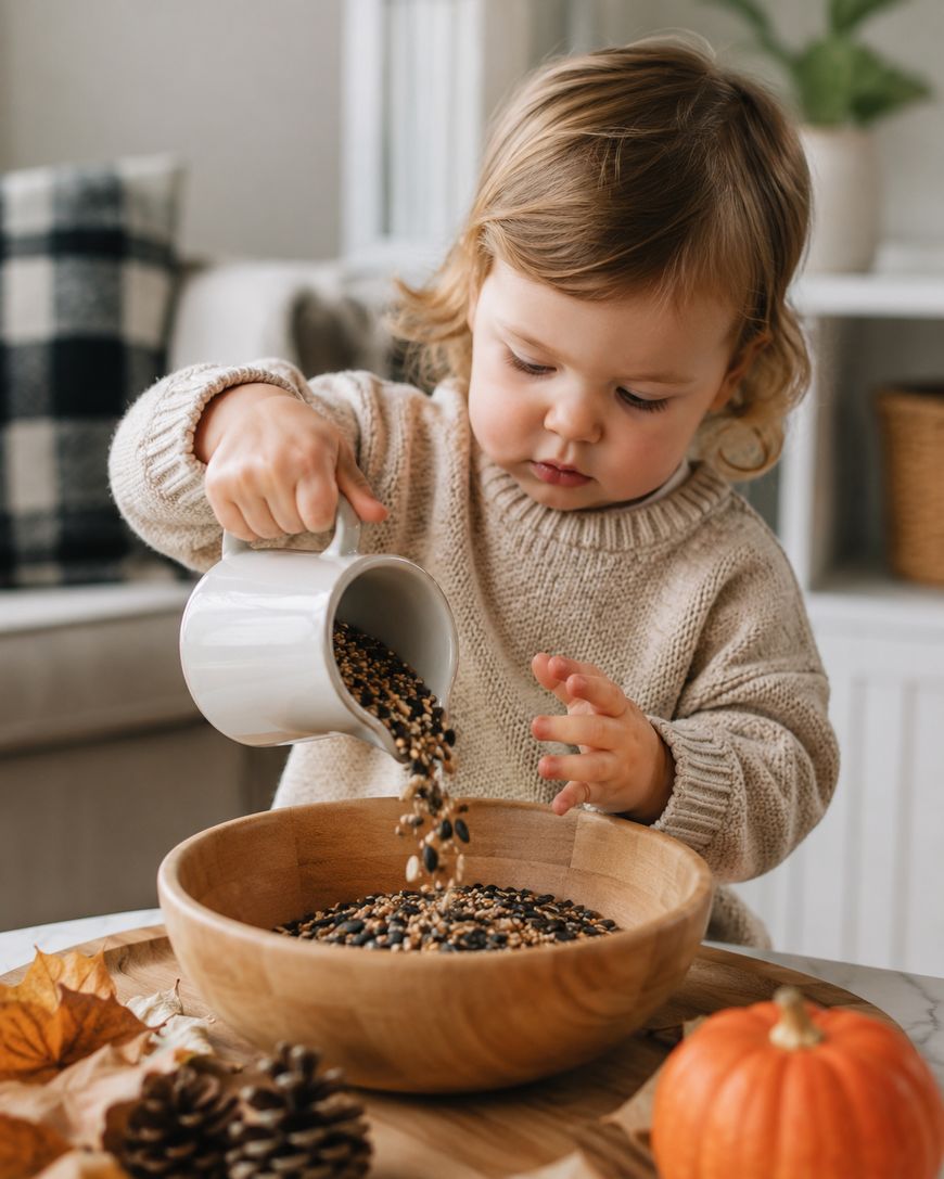 A toddler in a beige sweater pours seeds from a white mug into a wooden bowl on a table decorated with pinecones and autumn leaves.