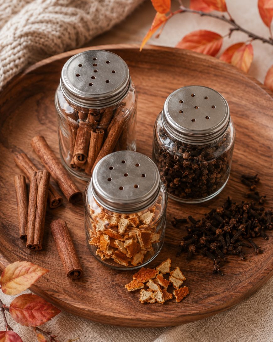 Three glass jars with metal lids on a wooden tray, containing cinnamon sticks, dried orange peels, and cloves.