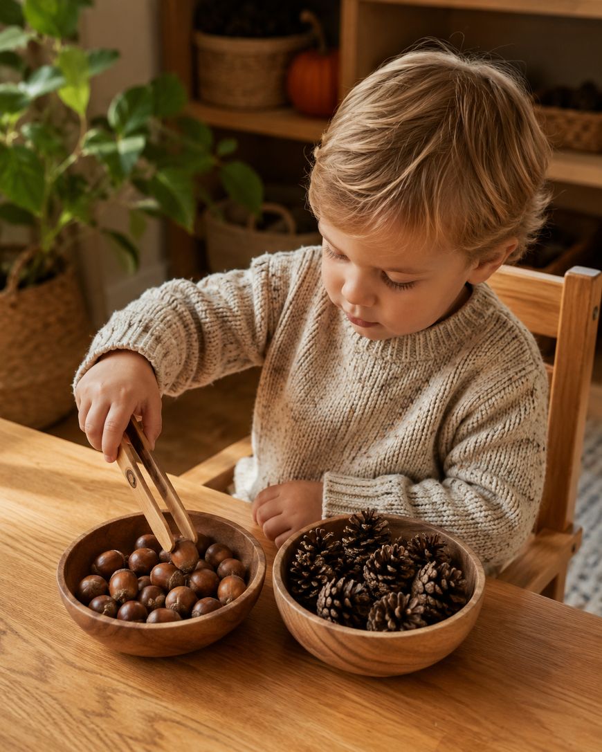 A young child uses wooden tongs to move brown objects from one wooden bowl to another bowl filled with pinecones.