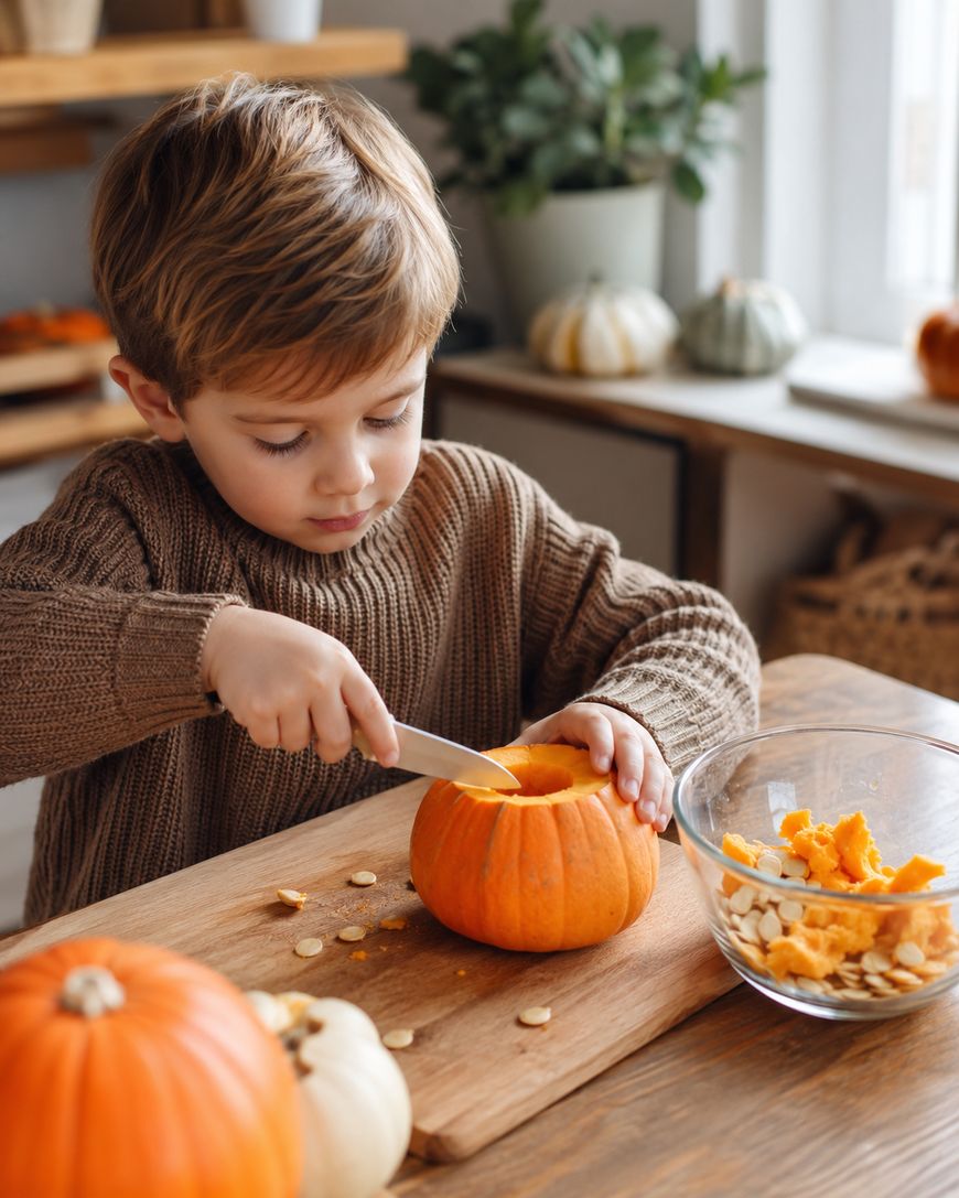 A young child in a brown sweater scoops out the inside of a small pumpkin with a spoon at a wooden table, with pumpkin seeds and orange pulp in a glass bowl nearby.