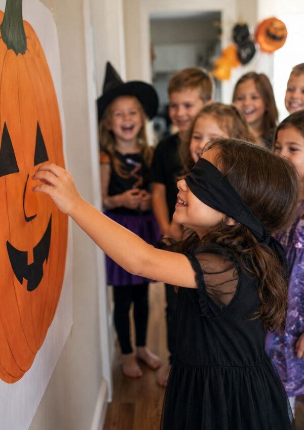 A blindfolded girl tries to pin a nose on a paper pumpkin while other children, dressed in Halloween costumes, watch and laugh in a decorated room.
