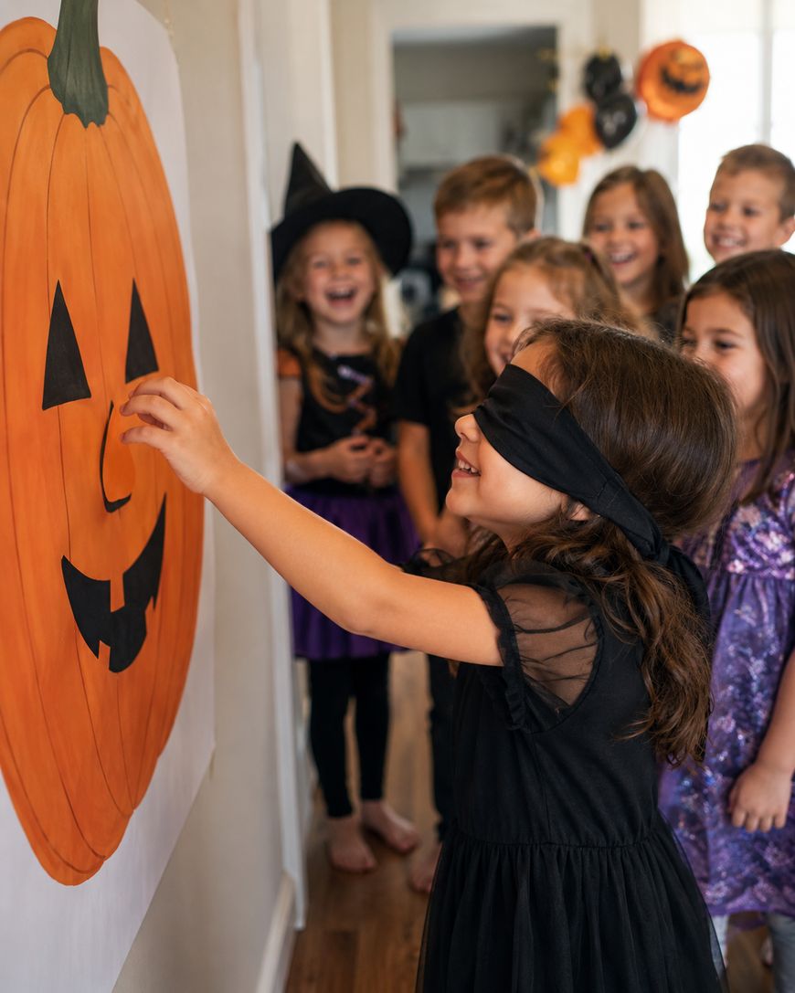 A blindfolded girl tries to pin a paper nose on a large pumpkin poster while other children in Halloween costumes watch and laugh.