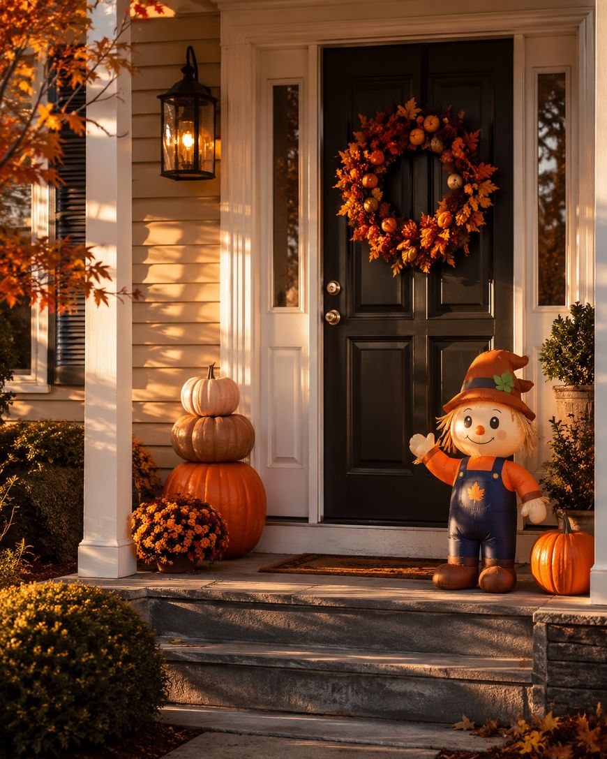 A festive autumn porch with stacked pumpkins, a potted mum, a cheerful scarecrow, and a black front door adorned with a fall wreath made of orange and yellow flowers. Warm sunlight highlights the seasonal decor.