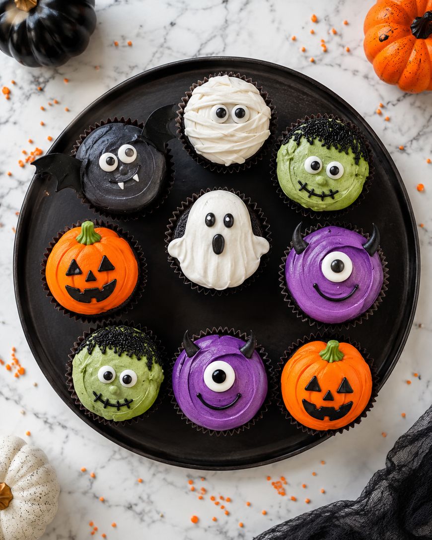 A black plate holds nine Halloween cupcakes decorated as pumpkins, monsters, a bat, a ghost, and a purple one-eyed creature, all with colorful frosting, on a marble surface with small pumpkins and sprinkles nearby.