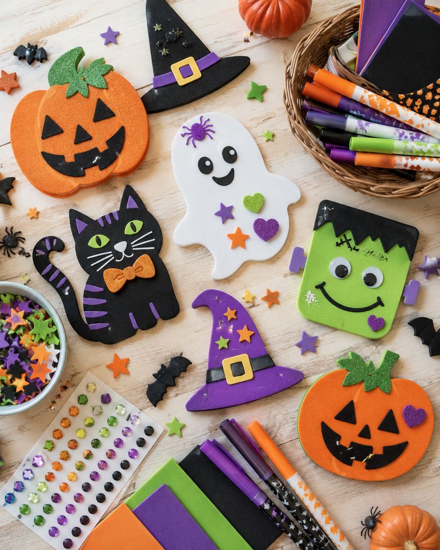 Colorful Halloween crafts and supplies on a table, including decorations shaped like pumpkins, a ghost, a black cat, a witch hat, Frankenstein’s monster, markers, stickers, colored paper, and bowls of sequins.