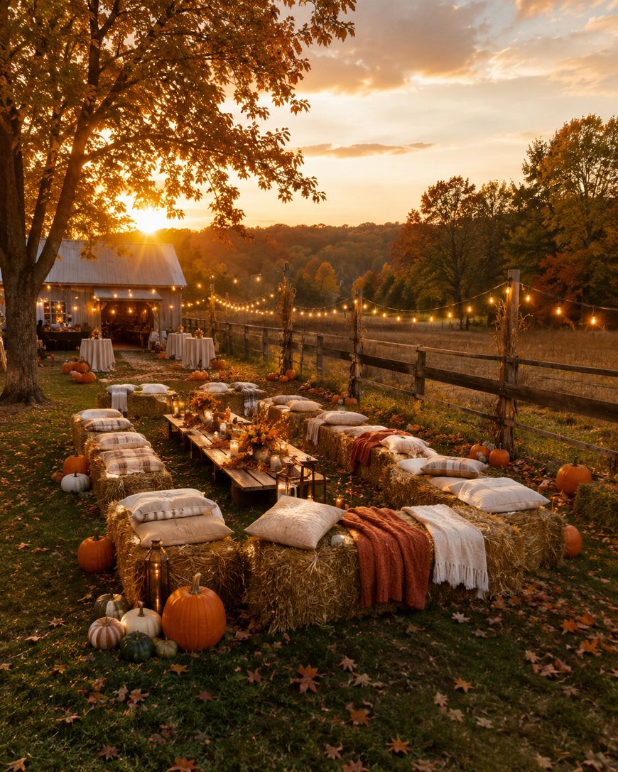 A rustic outdoor table is set at sunset with pumpkins, hay bales, lanterns, and cozy blankets. String lights hang above, and autumn trees frame the warm, inviting scene.