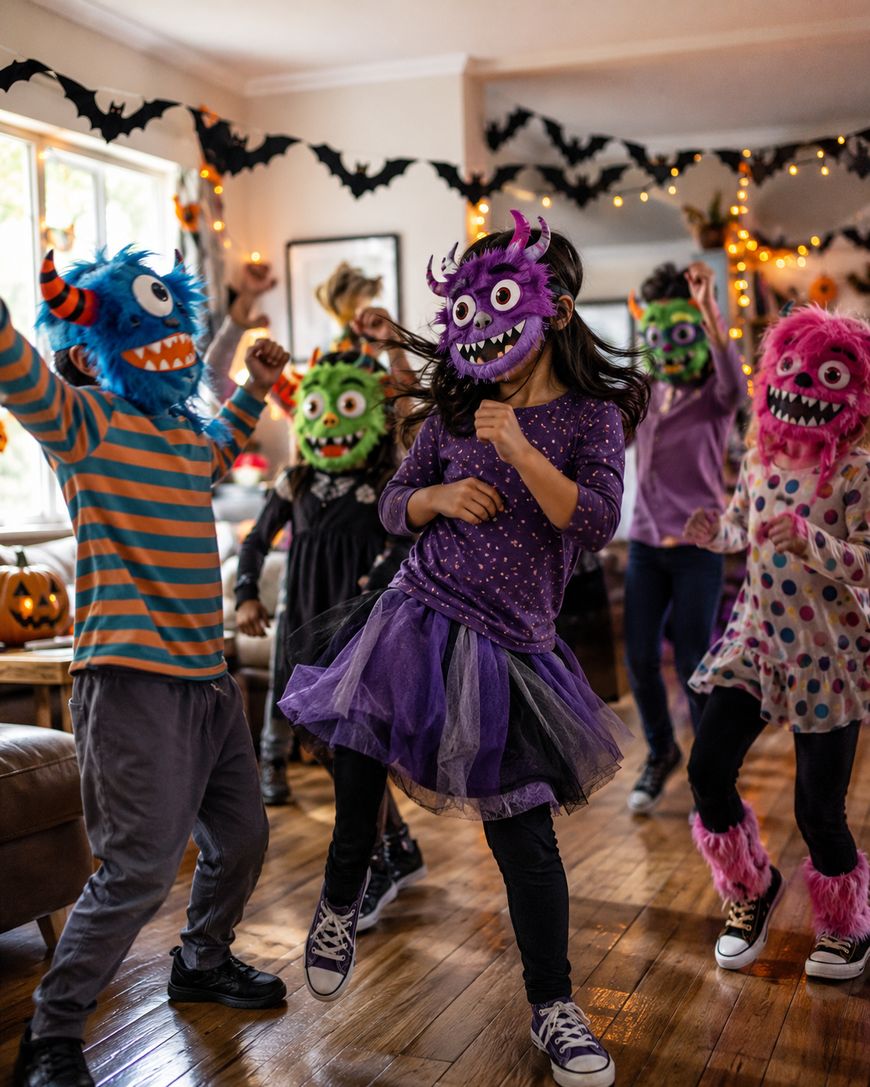 Children wearing colorful monster masks and costumes dance and play at a Halloween party in a decorated living room with orange lights, bat garlands, and a pumpkin in the background.