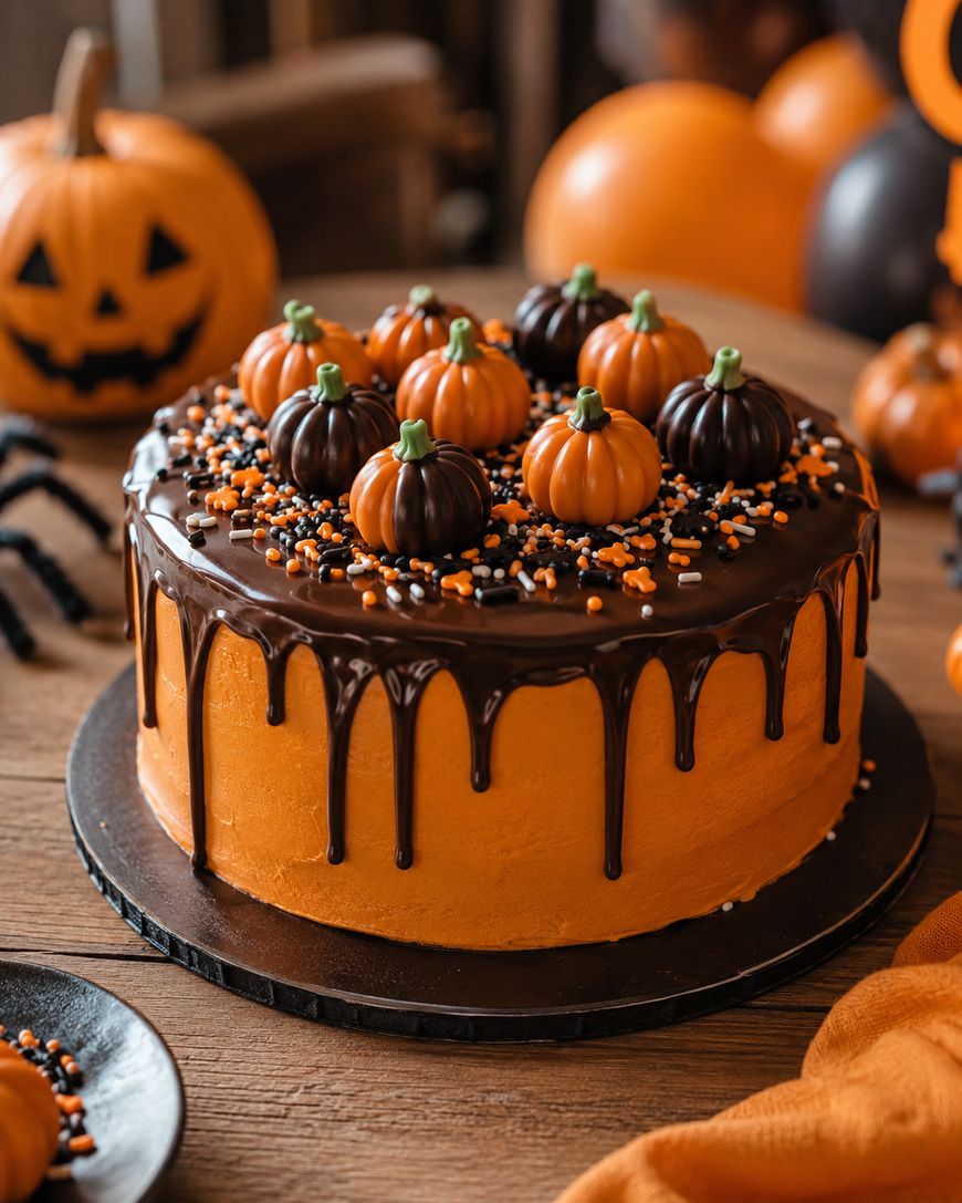 A round orange cake with chocolate drip, topped with small pumpkin candies and Halloween sprinkles, sits on a wooden table with a jack-o-lantern, balloons, and a spider decoration in the background.