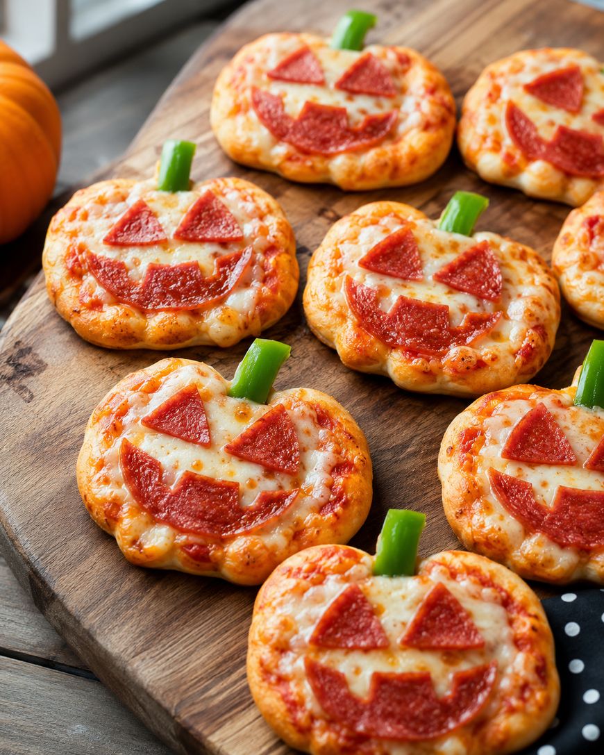 Mini pizzas shaped like pumpkins are topped with pepperoni cutouts forming jack-o-lantern faces and green stems, arranged on a wooden board.