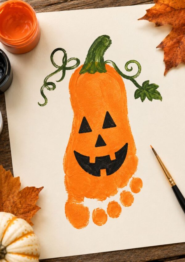 A Halloween craft shows a smiling jack-o’-lantern made from an orange-painted footprint on paper, with paint jars, a brush, autumn leaves, and a small pumpkin nearby.