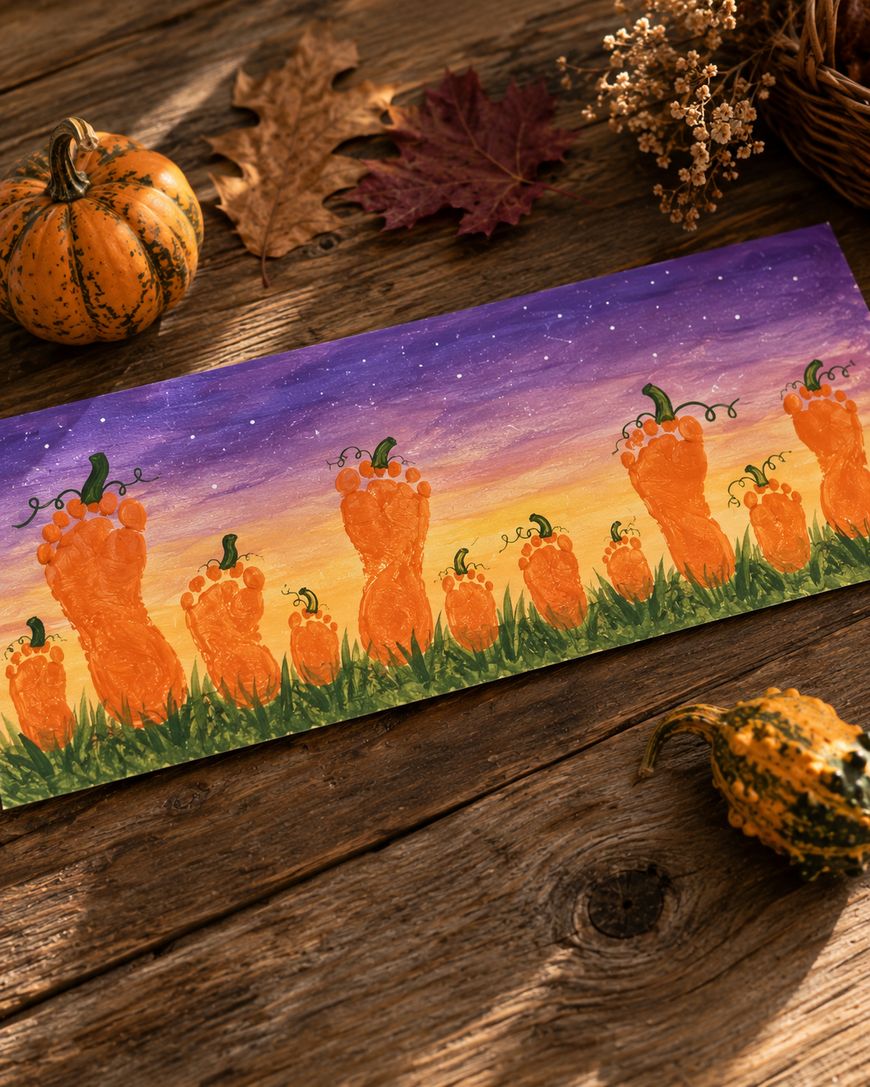 A painted picture of orange pumpkins made from footprints on a sunset background, surrounded by grass, with real pumpkins, leaves, and dried flowers on a wooden table.