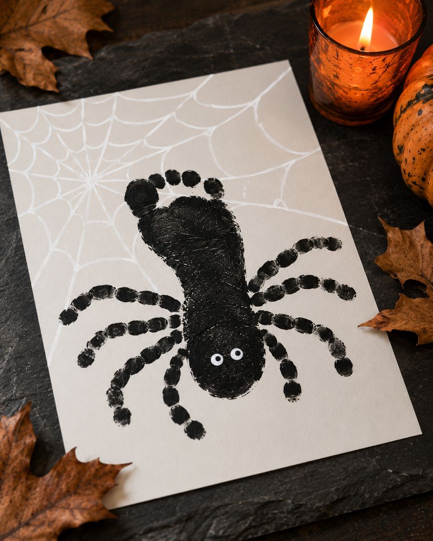 A Halloween craft shows a spider made from a black painted footprint with added toes for legs, white eyes, and a white web drawn on paper. A candle, pumpkin, and autumn leaves surround the artwork.
