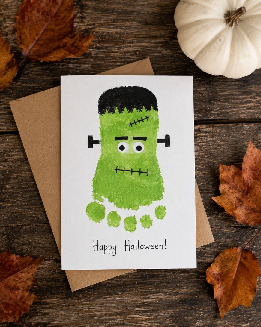 A Halloween card with a green monster face made from a footprint, googly eyes, and black details, placed on a wooden table with autumn leaves and a white pumpkin. Text reads Happy Halloween!.