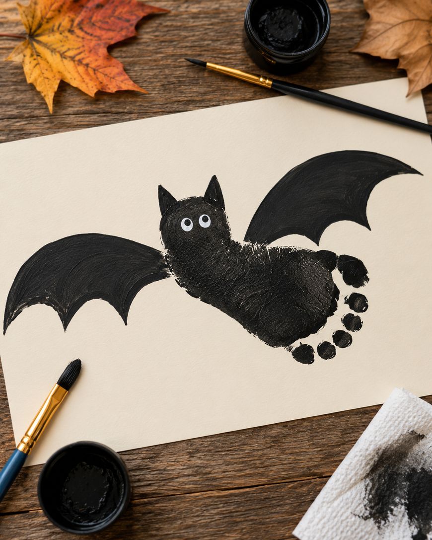 A Halloween bat painting made from a black painted footprint on paper, with wings and eyes added. Paintbrushes, paint containers, autumn leaves, and a paper towel are nearby on a wooden table.