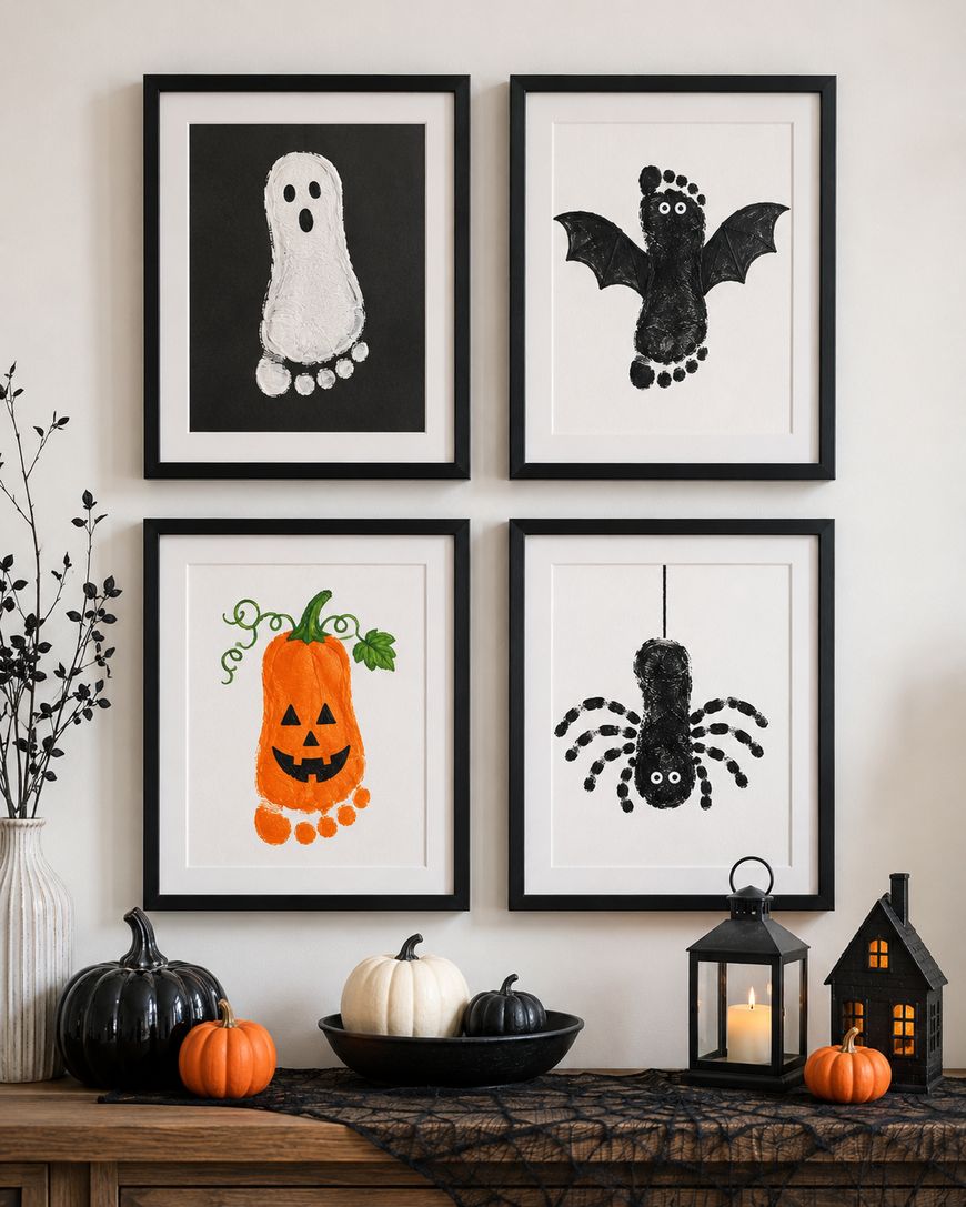 Four framed Halloween-themed art pieces made from painted footprints: a ghost, a bat, a jack-o’-lantern, and a spider. Decorations include pumpkins, a lantern, and a small house on a wooden table.