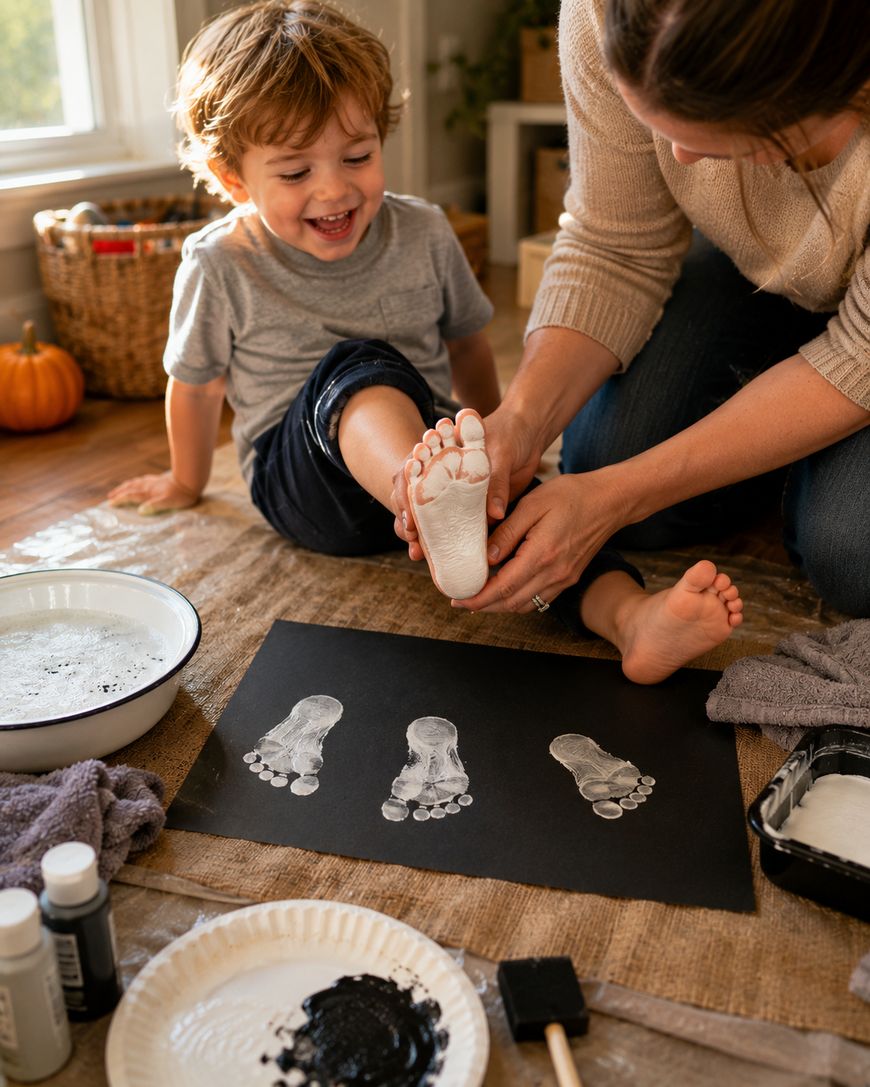 A smiling child sits as an adult paints their foot white, preparing to make a footprint on black paper. Art supplies and paint are scattered on the floor, and finished prints are visible on the paper.