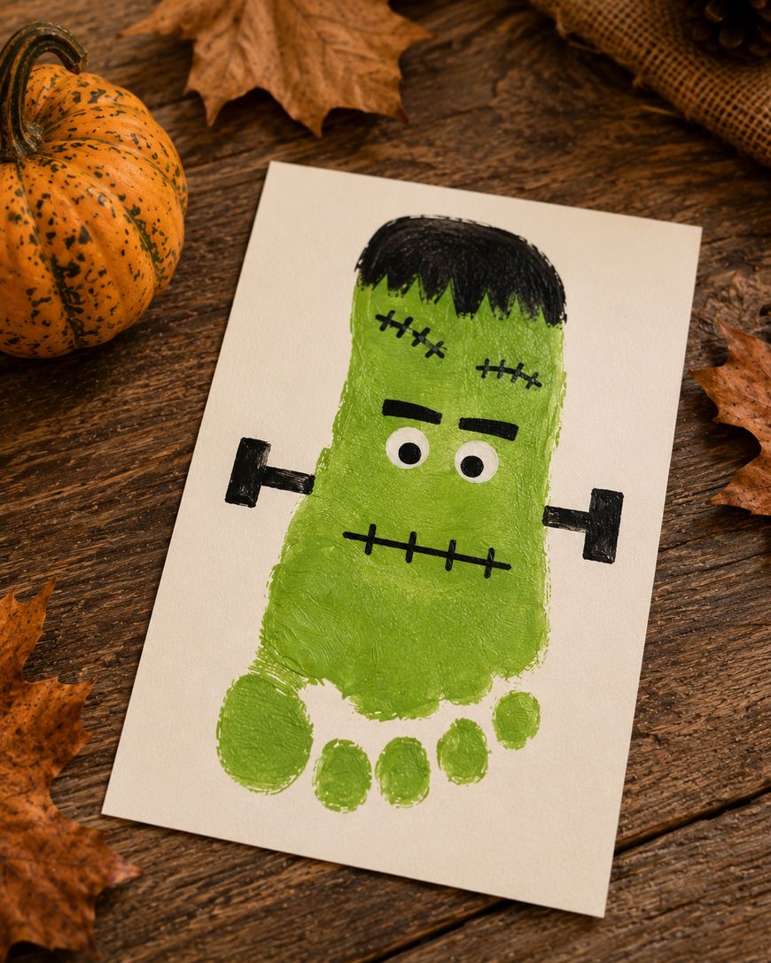 A Halloween craft shows a green Frankenstein monster painted from a footprint, with black hair, a stitched mouth, and bolts in the neck, on a white paper. Autumn leaves and a small pumpkin surround it on a wooden surface.