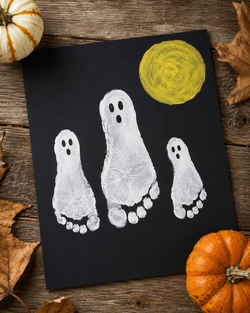 Three white ghost shapes made from painted footprints on black paper, with a yellow circle for a moon. The artwork is surrounded by pumpkins and autumn leaves on a wooden surface.