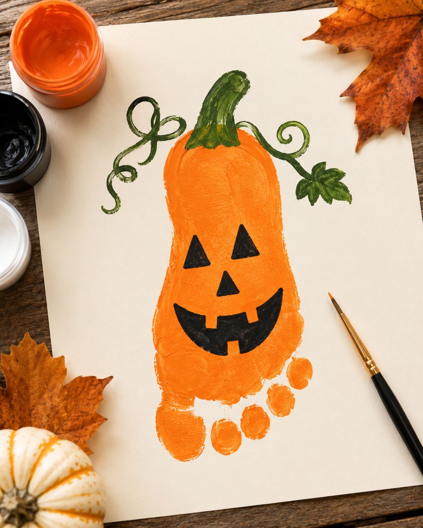 A painted footprint on paper is decorated as a jack-o-lantern pumpkin with a green stem, leaves, and vine. Paint jars, a brush, an autumn leaf, and a small white pumpkin are nearby.