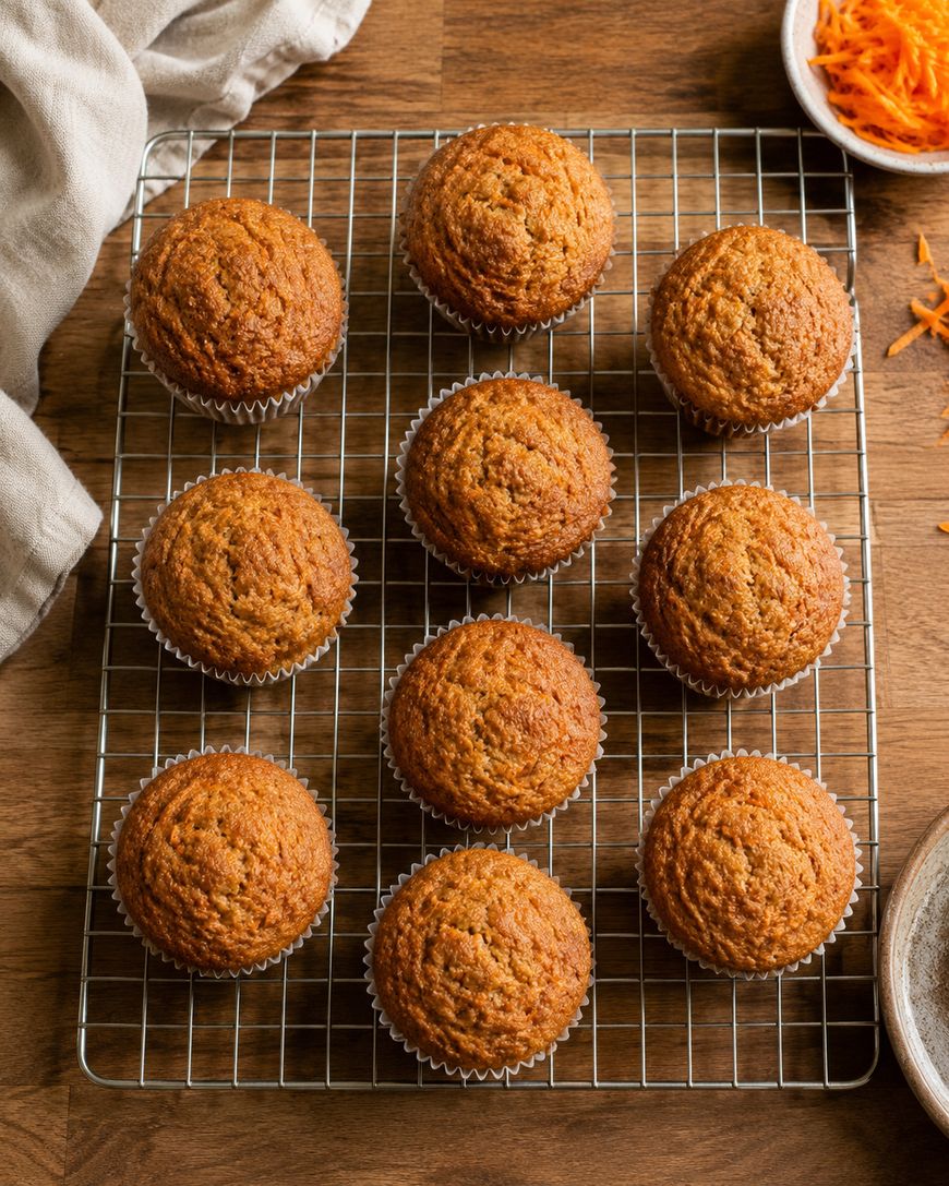 Ten golden-brown muffins cooling on a wire rack, arranged in neat rows on a wooden surface, with a white cloth and a bowl of shredded carrots nearby.