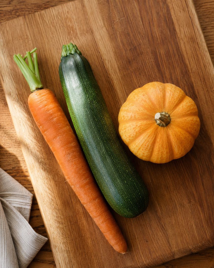 A carrot, a zucchini, and a small pumpkin are arranged side by side on a wooden cutting board with a napkin in the corner.