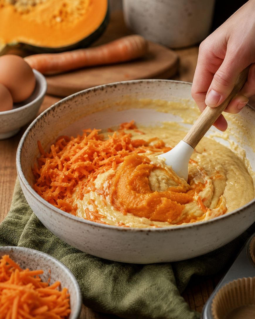 A hand stirs shredded carrots and orange pumpkin puree into a bowl of batter, with eggs, carrot, and pumpkin in the background on a wooden table.