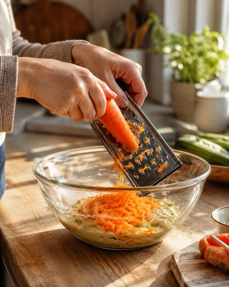 A person grates a carrot over a large glass bowl filled with shredded vegetables in a sunlit kitchen. Other vegetables and kitchen items are visible in the background.