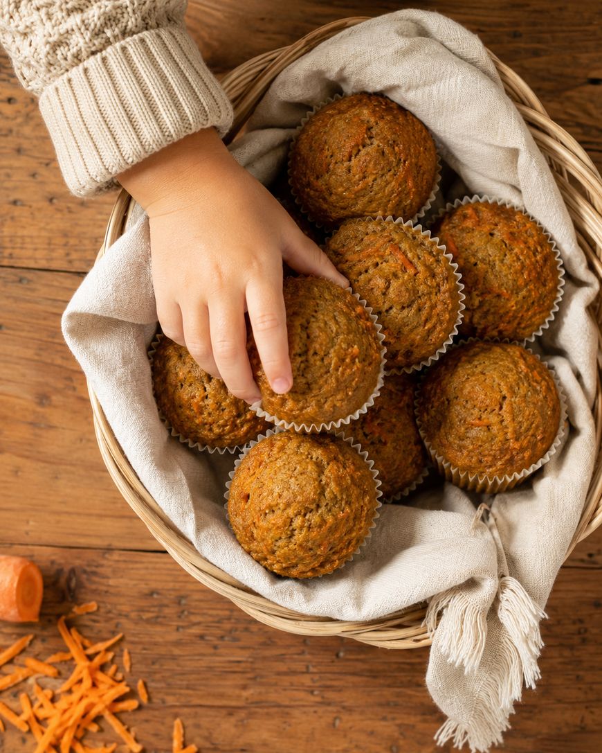 A child’s hand reaching for a muffin from a woven basket filled with muffins, lined with a light cloth, on a wooden table with shredded carrot nearby.