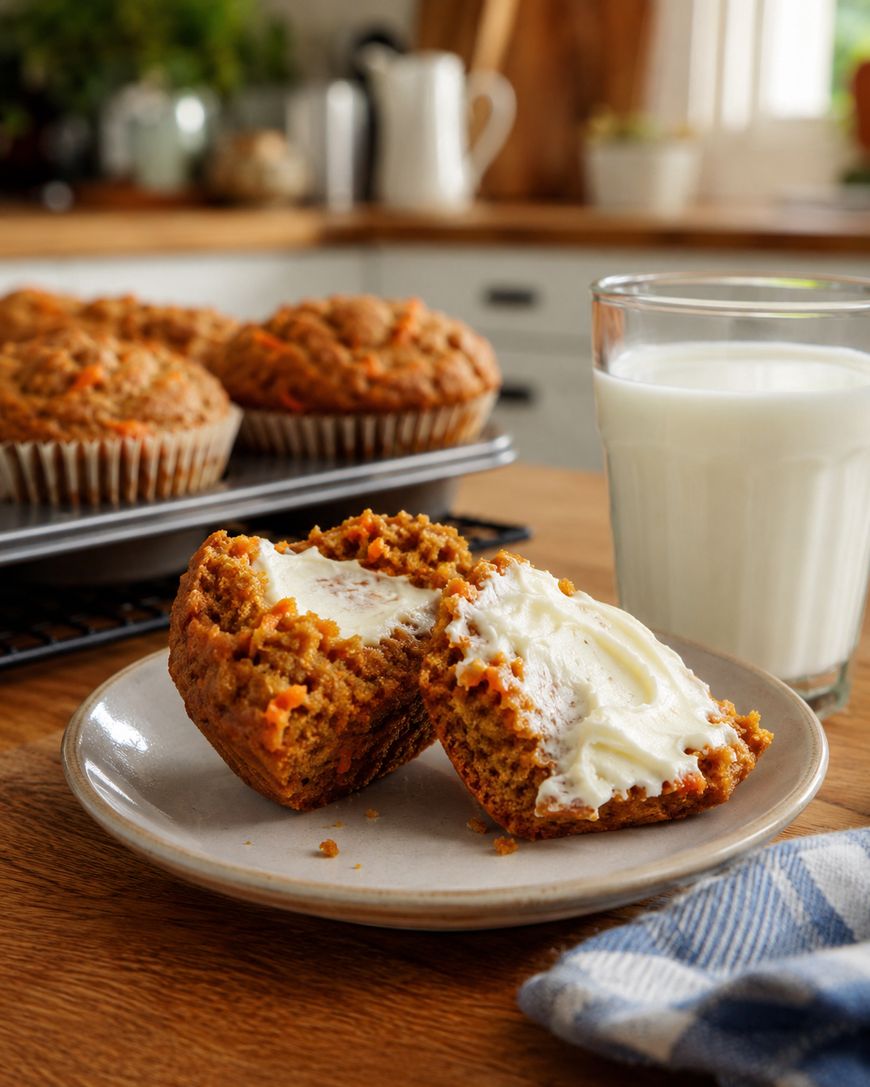 A carrot muffin split open with cream cheese filling and spread on a plate, next to a glass of milk. More muffins are visible on a cooling rack in the background.
