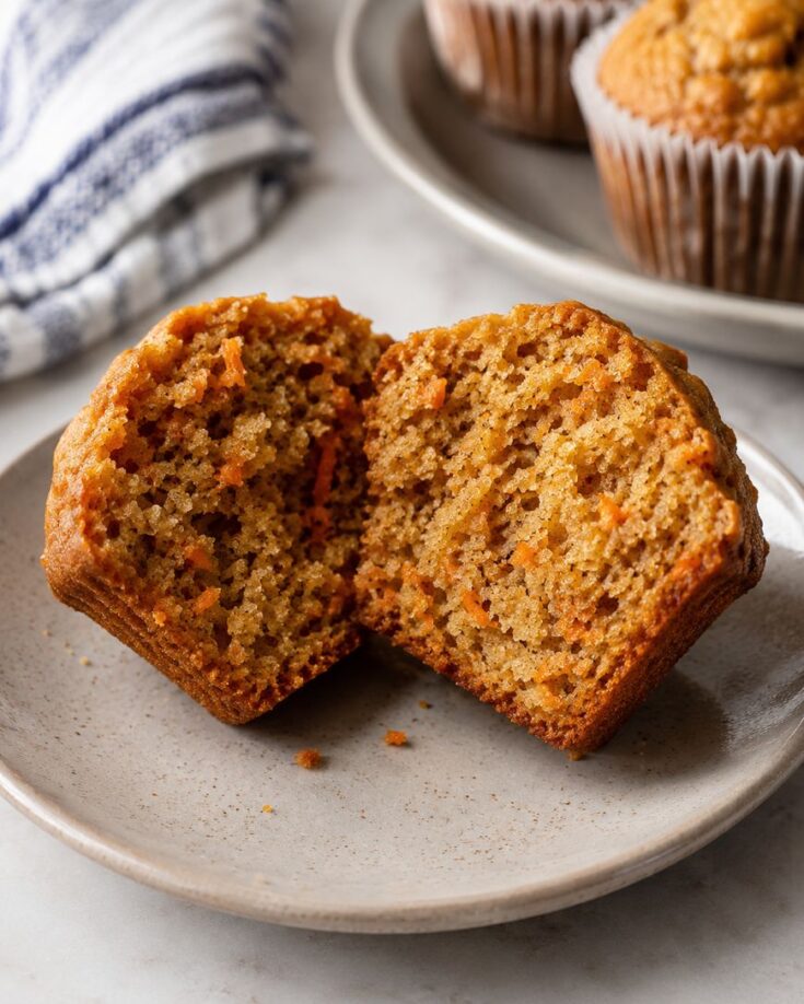 A carrot muffin cut in half sits on a plate, showing its moist, orange-speckled interior. A striped towel and more muffins on a tray are blurred in the background.
