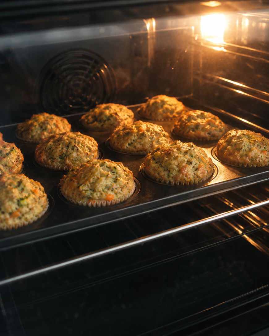 Muffins baking in a metal muffin tin inside an oven, with the oven light on, showing golden brown tops and a fan at the back of the oven.
