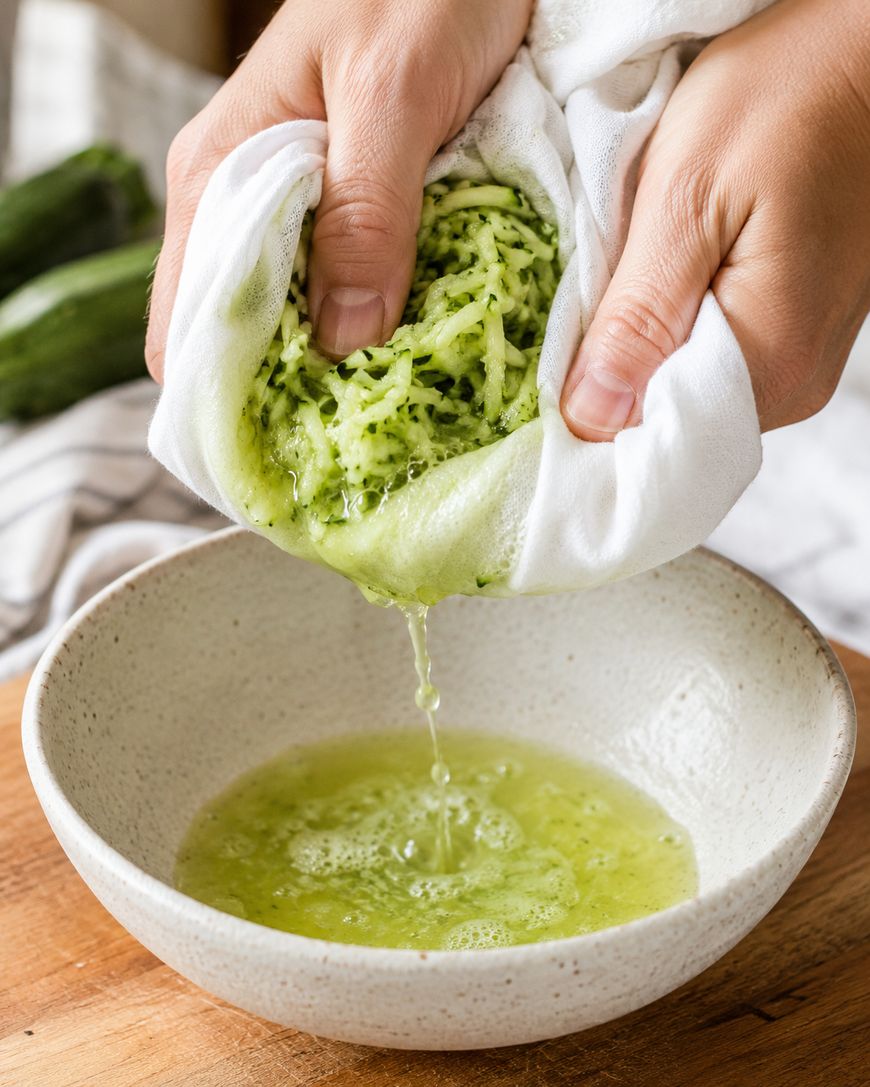 Hands squeezing shredded zucchini in a cloth over a bowl, extracting green liquid from the zucchini. The bowl sits on a wooden surface.