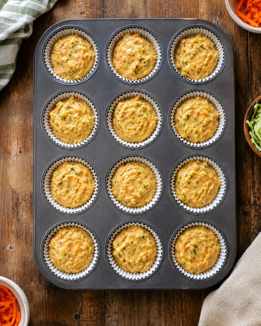 A muffin tray holds twelve baked savory muffins in white paper liners, with shredded carrots and zucchini in small bowls nearby on a wooden surface.