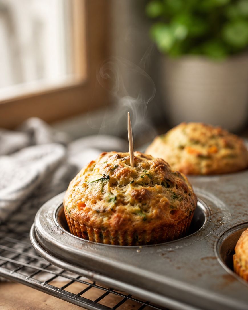 A freshly baked savory muffin with a toothpick in the center, steam rising, sits in a muffin tin on a cooling rack. A blurred plant and window appear in the background.