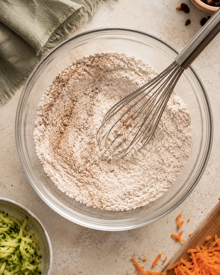 A glass bowl of flour mixture is being whisked, surrounded by shredded zucchini, grated carrots, a green cloth, and a wooden board on a kitchen counter.