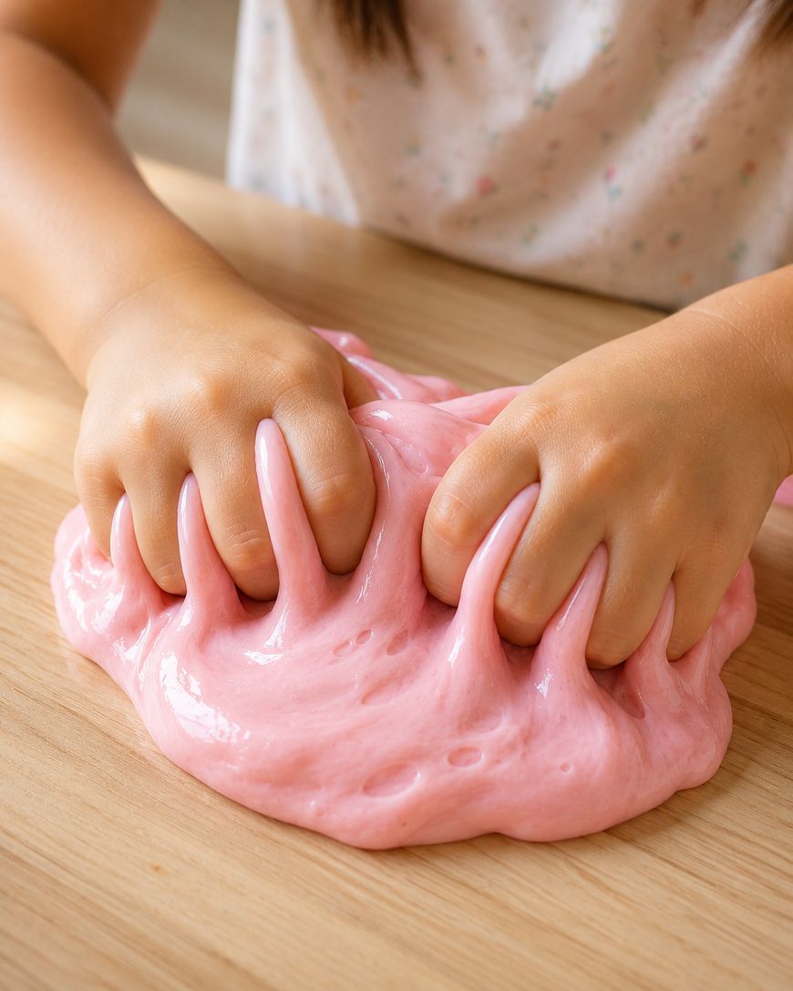 Child's hands squishing and stretching pink slime on a wooden table, showing the slime's soft and stretchy texture.