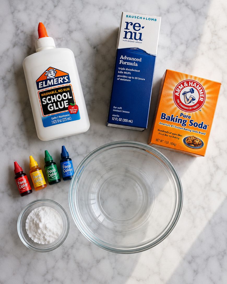Slime-making ingredients: a bottle of school glue, contact lens solution, a box of baking soda, four food coloring bottles, a bowl of powder, and an empty glass bowl on a marble surface.