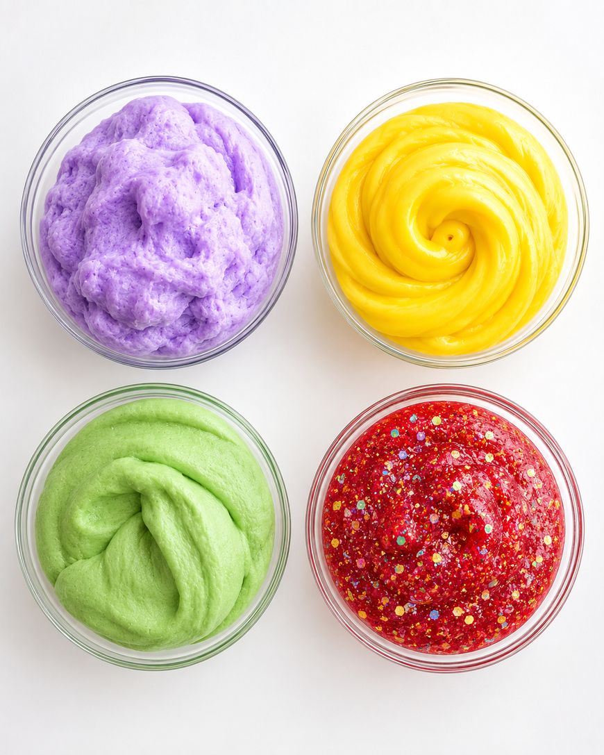 Four glass bowls filled with colorful slimes: fluffy purple, glossy yellow, soft green, and red with glitter and star-shaped confetti, all arranged in a grid on a white background.