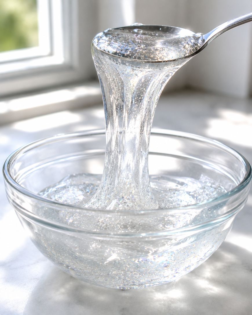 A spoon lifts clear, sparkly slime from a glass bowl on a sunlit countertop near a window.