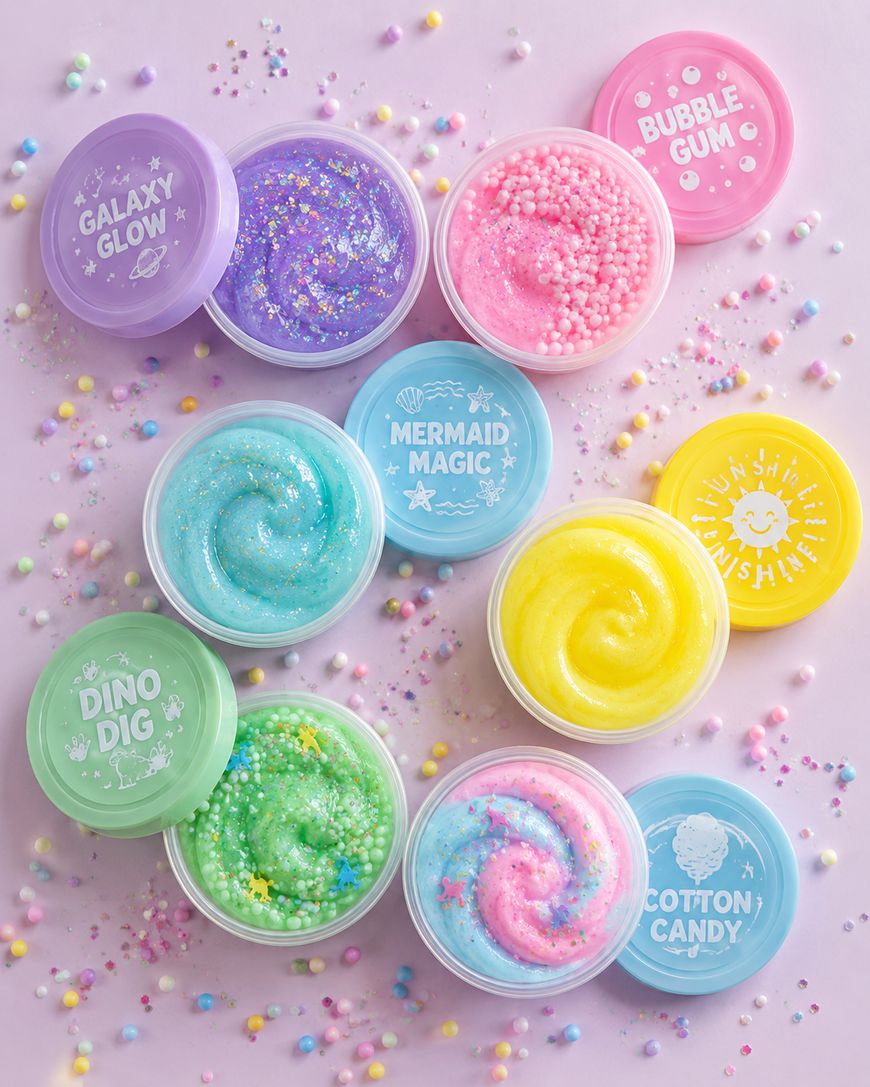 Ten colorful containers of slime with fun labels like Galaxy Glow, Bubble Gum, Mermaid Magic, Sunshine, Dino Dig, and Cotton Candy on a pastel background with scattered beads and stars.