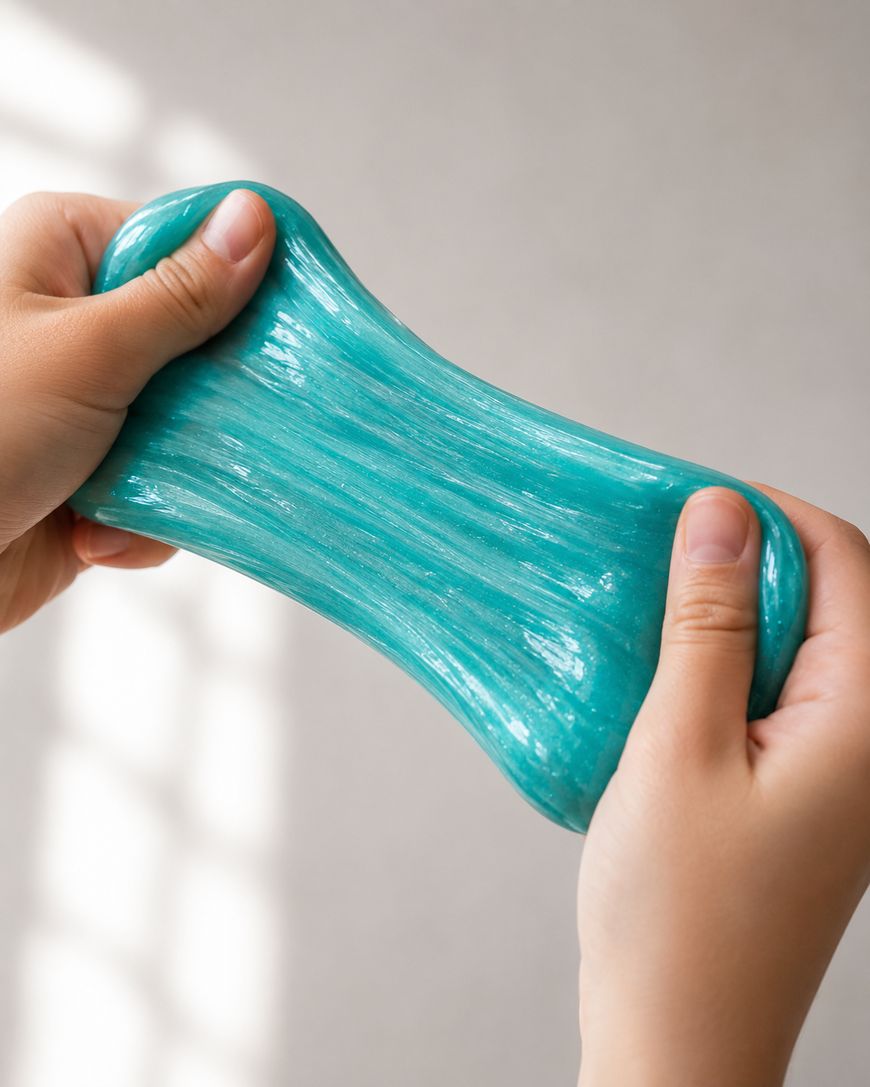 Two hands are stretching shiny blue-green slime, showing its smooth and elastic texture against a neutral background.