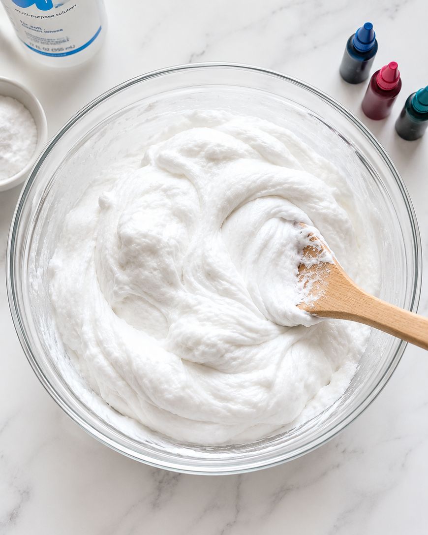 A glass bowl of fluffy white mixture being stirred with a wooden spoon, with bottles of food coloring and an open container of baking soda nearby on a marble surface.