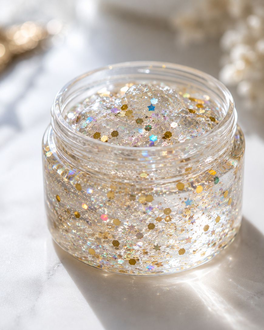 A clear jar filled with glittery, gel-like substance containing gold and silver sparkles sits on a white surface, sparkling in natural light.
