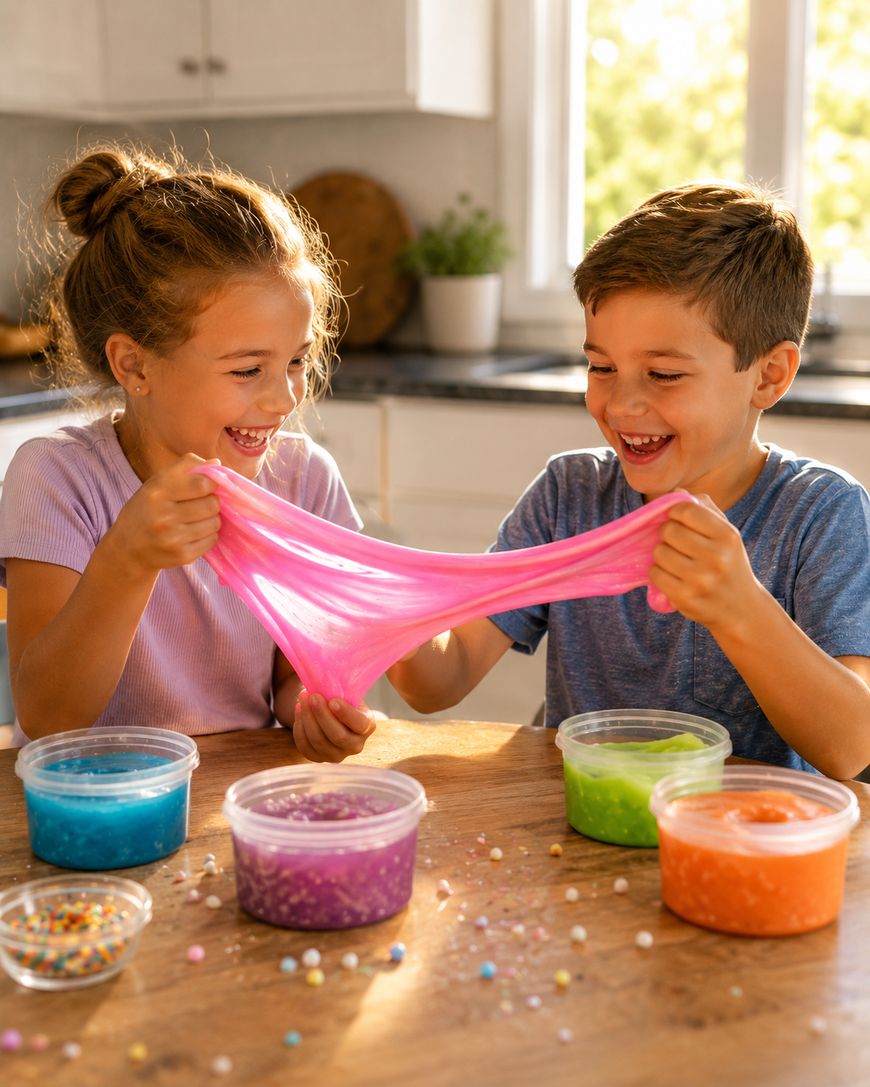 Two smiling children stretch bright pink slime between them at a kitchen table, surrounded by containers of colorful slime and small beads in sunny natural light.