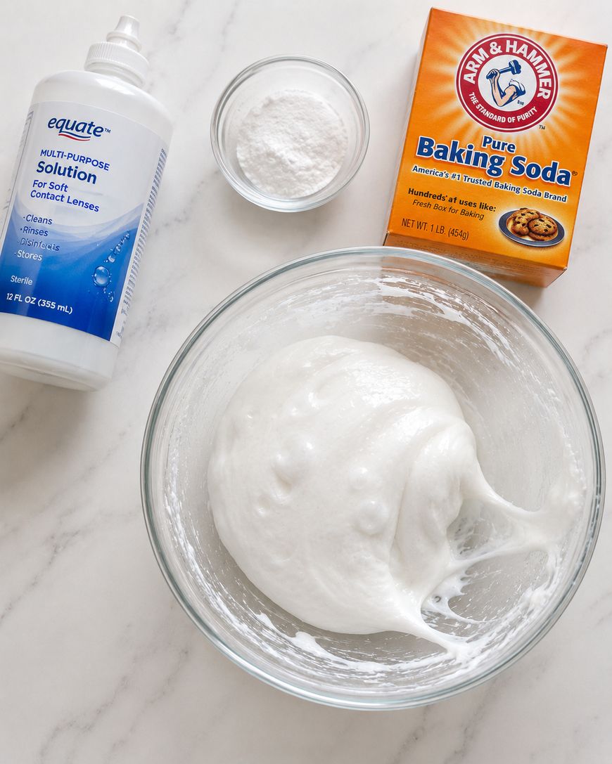 A bowl of white slime sits on a table with a box of baking soda, a bottle of contact lens solution, and a small bowl of white powder arranged nearby.